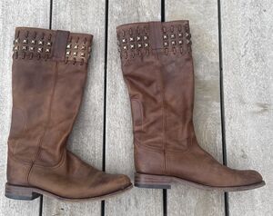 Women's Brown Leather Cowgirl Boots with Gold Metal Studs, Made in Spain, Size 9